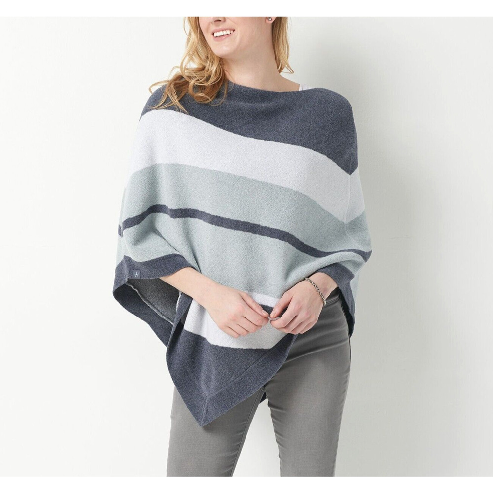 Barefoot Dreams Striped Poncho Sweater One Size Plus Blue Gray Casual Comfort